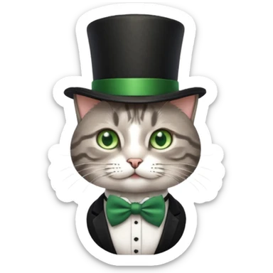 Grey tabby cat in top hat and bow tie sticker