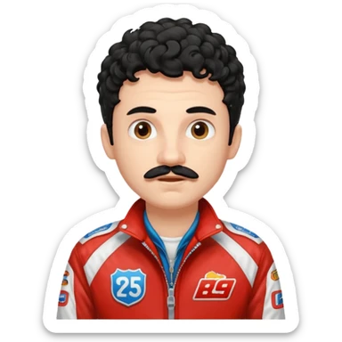 White Boy with curly black hair and a scruffy mustache wearing a race car jacket modern looking into the camera with amazement  sticker