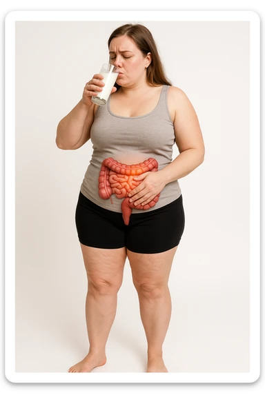 donna a figura intera in piedi con intestino infiammato con cellulite mentre beve kefir, realistica 4k sfondo bianco sticker