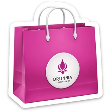 bolsa de papel fucsia con asas blancas y en el centro de la bolsa el logo de druni perfumerias en color blanco sticker