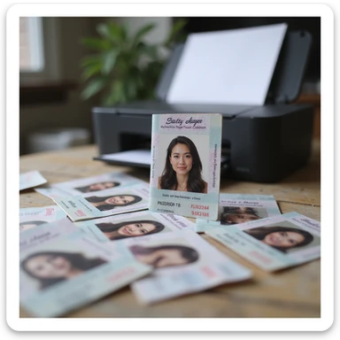 realistic thumbnail for a passport size photo printing service, with a printer and numerous printed passport photos, one photo is enlarged and stands out in the foreground sticker