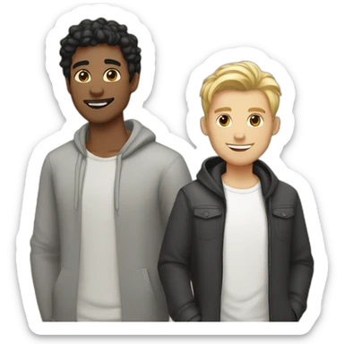 Gay couple, 1 guy Latino black straight black hair and 1 Australian white guy with blonde slightly curly hair holding a cat sticker