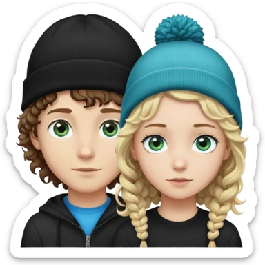 Pale, blue eyed boy, with curly long brown hair and a black beanie on and a short straight haired blonde girl with blue and green eyes sticker