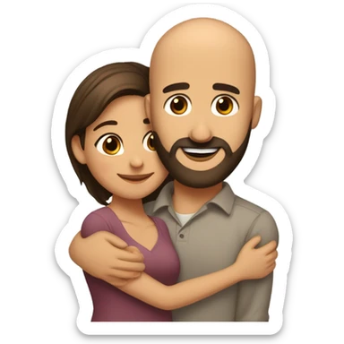 Brown-haired Puerto Rican woman with dark brown eyes wearing a cute blouse giving comforting hug to short, bald man with brown eyes, laugh lines, and a beard sticker