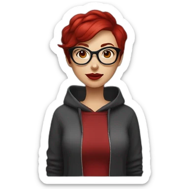 white woman with dark red pixie cut and big red glasses red lips wearing a dark red hoody sticker