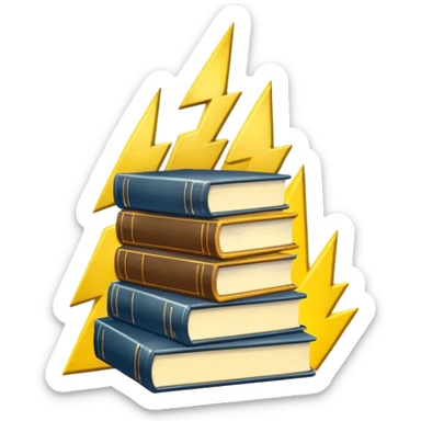 stack of books with a lightning symbol sticker