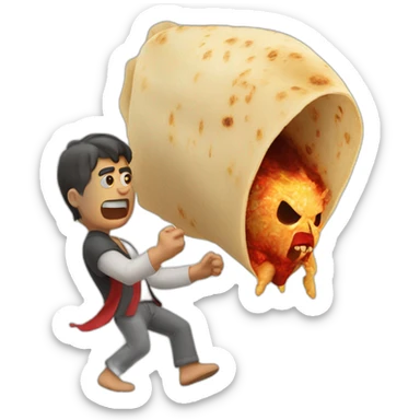 A man fighting a demon with a burrito sticker