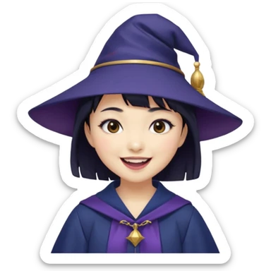 An Asian short-haired girl with short raven hair and bangs, with heterochromia eyed, eyeliner, and laughs with teeth and her tiny fang of mauve-toned lipstick, wears a dark navy wizard hat with an emblem on it. sticker