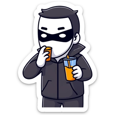 Masked man in dark clothes holding and sipping from a small juice box, comical contrast between serious appearance and childish action sticker
