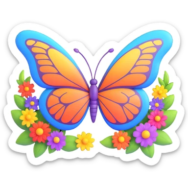 Add various colorful flowers and decorative nature motifs around the butterfly, maintaining the magical, 3D cartoon, digital fantasy art style with transparent background and all existing effects (glowing outline, sparkling accents, magical particles, elegant wings). sticker
