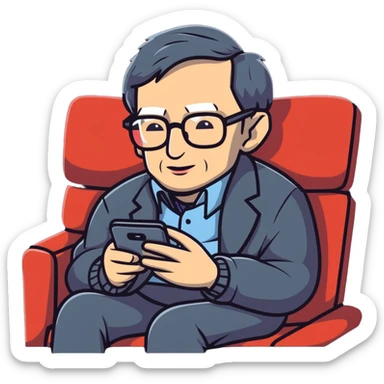 Stephen Hawking with glasses sitting on a couch playing a mobile phone game sticker