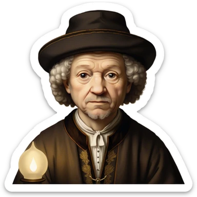 Cinematic Realistic portrait of Rembrandt, shown as a master artist with deep, introspective eyes and richly detailed period clothing, rendered with dramatic chiaroscuro lighting that emphasizes his legacy sticker
