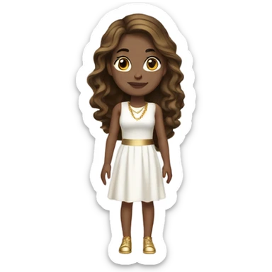 do a white girl but not too white with dark honey hair dark eyes and gold jewelry, full body legs arms and a white dress sticker