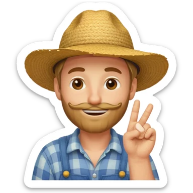 “A single emoji-style character combining 👨‍🌾😄 and 🤔: a smiling farmer man with a straw hat, friendly face, and light beard, holding one hand under his chin in a thinking gesture. His index finger rests under his face, eyes looking slightly upward as if thinking.  sticker