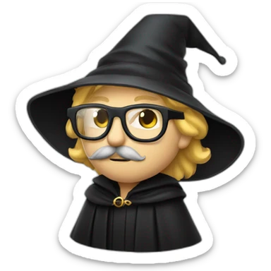 A man with blond hair and a mustache, wearing a black squared shaped eye glasses, wizard hat, black  robe sticker
