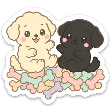 Change the small dog to a true black color, keeping the kawaii chibi style and transparent background. Leave the large dog and the pile of colorful bones unchanged. sticker