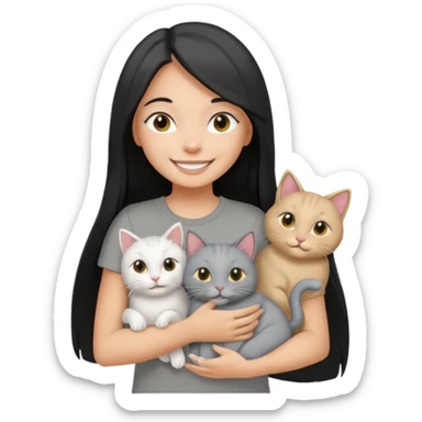 a pretty tan bratz girl with black long straight hair, wearing a grey tshirt smiling and holding 3 white cat\ sticker