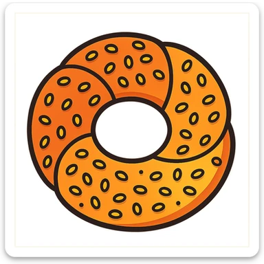 a simit, Turkish sesame bagel, playful cartoon style, exaggerated roundness, lots of sesame seeds sticker