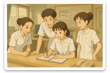 Four nursing students inspired by four new photos, collaborating and interacting warmly in a care station, team atmosphere, white short-sleeve medical tunics with V-neck and left chest pocket, no collar stand, no stethoscopes, nothing protruding from sleeves, style Ghibli sticker
