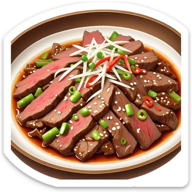 Bulgogi Cinematic Realistic Bulgogi Dish Emoji, depicted as thinly sliced, marinated beef stir-fried to perfection, rendered with dynamic textures and vibrant, appetizing lighting. sticker