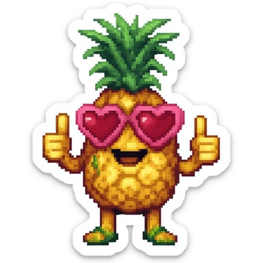 Edit the pineapple emoji in pixel art style to have heart-shaped sunglasses, keep it smiling and giving a thumbs up, no background. sticker