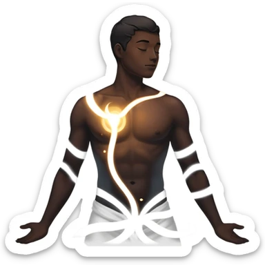 minimalist dark male silhouette with flowing black-and-white curves across the lower body, now overlaid with a small, softly glowing spark or radiant light near the chest or head — symbolizing inspiration, inner fire, and creative energy awakening” sticker