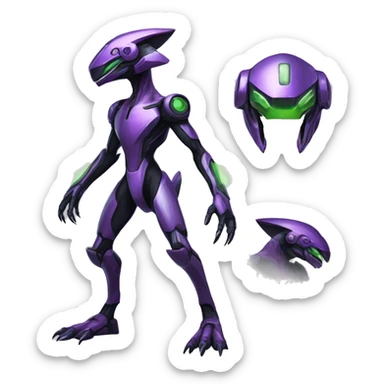 a shiny black-purple-green Genesect-Raptor-Fakémon—hybrid with a futuristic visor-helmet full body sticker