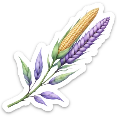 The art style is clean line art with delicate watercolor textures, pastel colors, and a dominant palette of lavender, soft lilac, and muted purple. Let the branch be more elongated and have short branches on it like ears of corn. sticker
