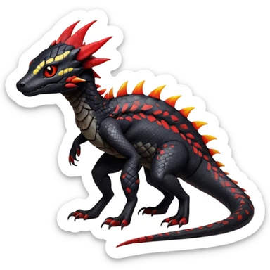 Rare realistic exotic edgy warm-colored dark gothic cool badass epic pretty beautiful handsome gorgeous aesthetic colorful vibrant Vernid-Trico-species-Fakemon-Salandit-hybrid-creature by LiLaiRa, 4 legs, 1 tail, random markings, (full body) sticker