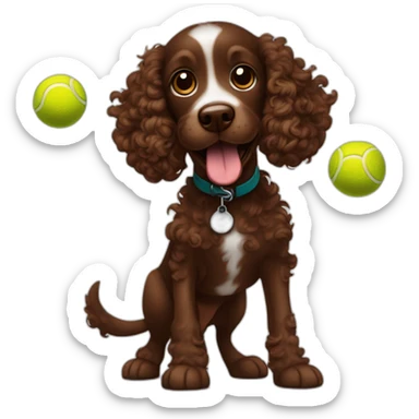 A chocolate colored curly doodle dog juggling three tennis balls sticker