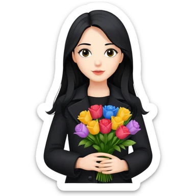 beautiful girl with long black hair wearing a black coat holding a bouquet of flowers sticker