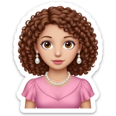 A woman with a brown curly hair and beautiful brown eyes and white skin and pink dress with pearl jewelry sticker