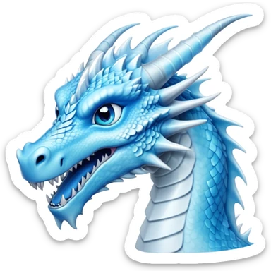 Cinematic Noble elegant Ice Dragon Portrait Emoji, Poised and imposing, distinct long elegant snout, with a slender, scaled body shimmering in glacial hues of icy blue, frostbitten silver, and crystalline white, breathing out frost, with piercing, glowing blue eyes that radiate the chilling depths of an arctic storm; rendered in detail. sticker