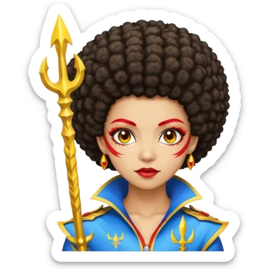 Emoji metisse femboy mais plus masculin avec drapeau ukrainien arriere plan, un afro, sourcils rouge, fourche trident, et eclairs et sur fond bleu clair irrisé. Peau lightskin, yeux marron et cheveux marron bouclés mais en mode afro pixi cut sticker