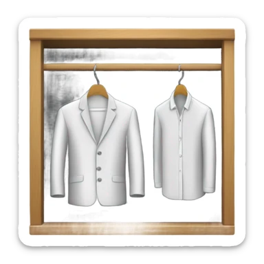Design an emoji-style icon of an open wardrobe with clothes hanging inside. Include details like a wooden frame, hangers, and only black or white different clothing items such as shirts or any other clothing . Use a clean and minimalistic design. sticker