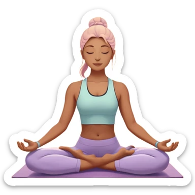 A peaceful person practicing yoga on a calm sea beach at sunrise, in a serene meditative pose. Soft pastel colors surround the scene, with gentle waves in the background and smooth, flowing lines representing balance and tranquility. The atmosphere feels centered and mindful. sticker
