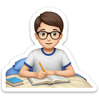 un niño de entre 3 - 10 años estudiando ingles, un destello de luz o colores más vivos para el niño que estudia en su habitacion feliz  sticker