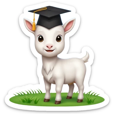 cute white goat emoji, wearing black graduation cap, standing on green grass, blue sky, proud and confident sticker