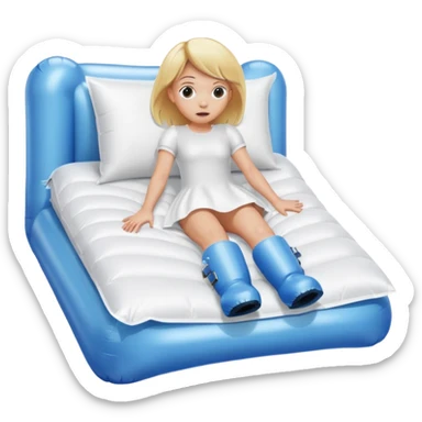 chica rubia con cara de miedo con unas botas de presoterapia gigantes inflables tirada en una cama sticker
