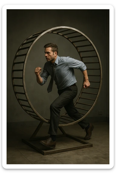 uomo che corre dentro la ruota del criceto come un circolo vizioso immagine realistica sticker