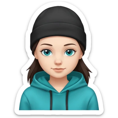 shaved haired brunette girl with a black beanie on and a teal hoodie. she has blue eyes and is smirking sticker