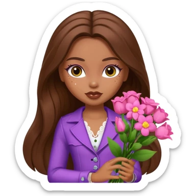 pretty bratz baddie, long brown hair holding flowers sticker