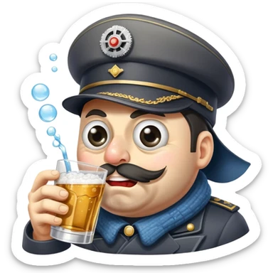 A very drunk locomotive train wearing a tilted ushanka hat, with crossed eyes, hiccuping vodka bubbles, spilling drink sticker
