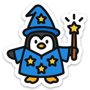 penguin wizard with a starry robe and a glowing wand, colorful outlined icon style sticker