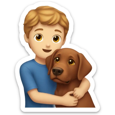 Red Labrador giving brown haired boy a hug sticker