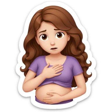 Girl with curled brown long length hair with belly ache sticker