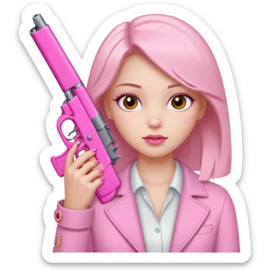 Girl hand pink nails holding pink gun with brown eyes sticker