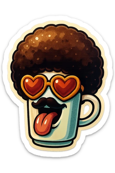 Tall coffee cupp, afro, heart glasses, big heart eyes, tounge rolled out sticker