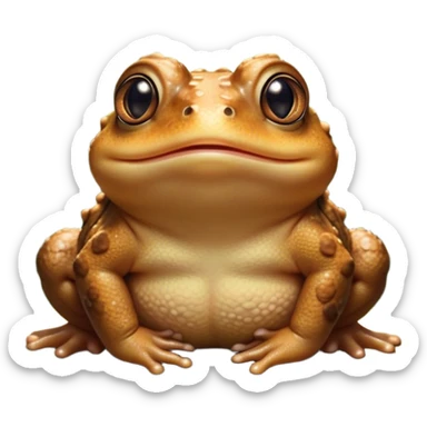 Cinematic Cute Toad Portrait Emoji, Head tilted playfully and inquisitively, featuring a charmingly plump form with bumpy, textured skin in rich earthy hues and round, sparkling eyes full of gentle mischief, Simplified yet irresistibly adorable features, highly detailed, glowing with a warm, friendly woodland glow, high shine, affectionate and lively, stylized with a touch of whimsical nature charm, soft glowing outline, capturing the essence of a mischievous yet loving toad that seems as if it could hop out of the screen into your arms! sticker