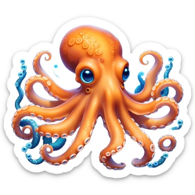 Cinematic Noble Octopus Portrait Emoji, Poised and enchanting, with a light orange body adorned with vibrant blue rings and eight delightfully curling arms with gentle suckers, large sparkling eyes exuding warmth and playfulness, Simplified yet charmingly expressive features, highly detailed, glowing with a soft, magical underwater radiance, high shine, intelligent and irresistibly cute, stylized with an air of whimsical marine enchantment, focused and fluid, soft glowing outline, capturing the essence of a watchful and endearing octopus that appears ready to float out of the screen with delightful charm! sticker